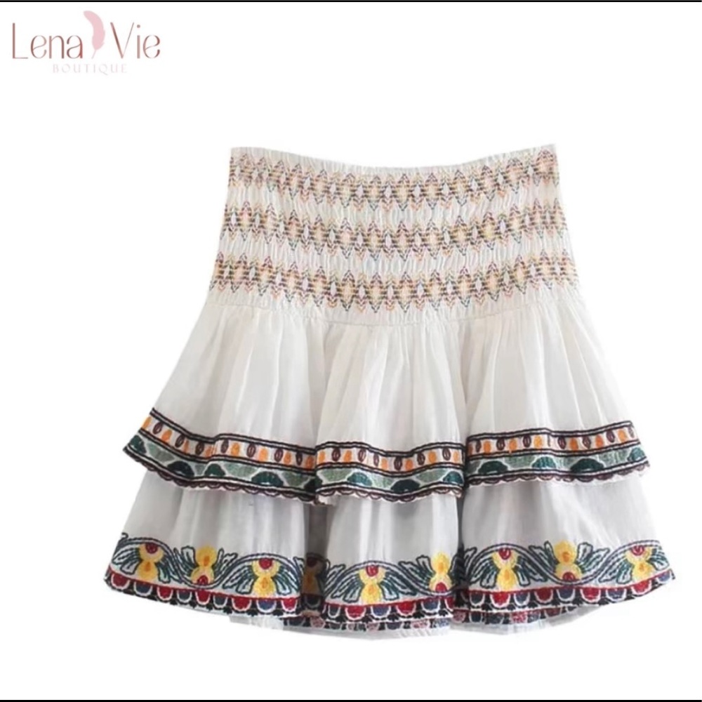 Boho Summer Embroidered Flared Kimono 2 Piece Skirt Set, Cotton Floral Koi Print - Picture 8 of 11